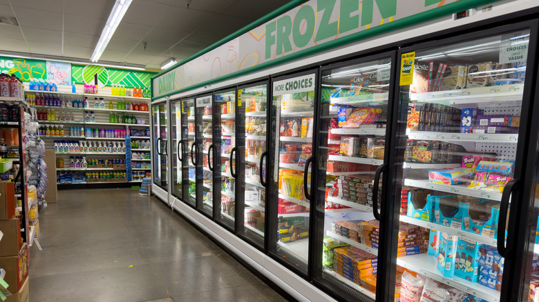 The frozen food section inside of a Dollar Tree location.