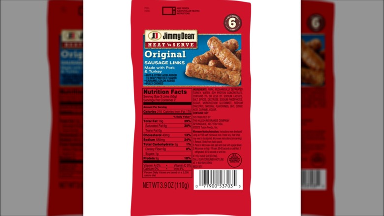 A red 6-pack of Jimmy Dean frozen sausage links sold at Dollar Tree on a white background