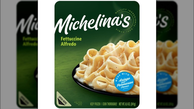 A box of Michelina's Fettuccine Alfredo sold at Dollar Tree on a white background