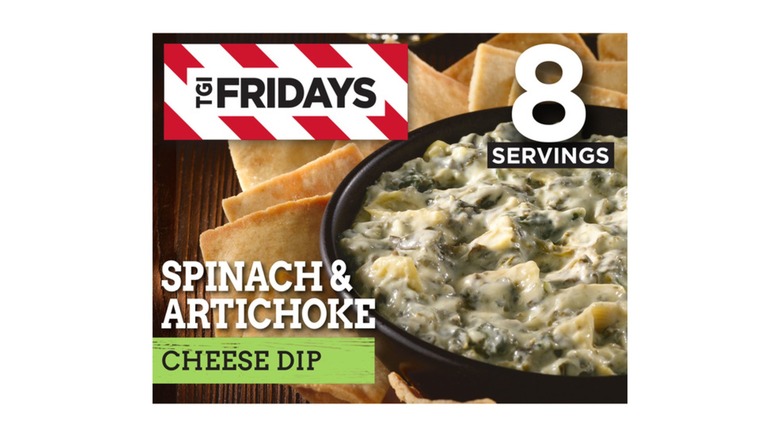 A box of frozen TGI Fridays Spinach & Artichoke Cheese Dip sold at Dollar Tree on a white background.