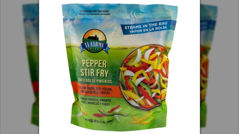 A bag of the TJ Farms Pepper Stir Fry sold at Dollar Tree on a white background