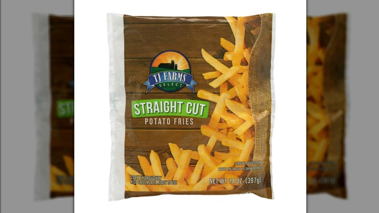 A bag of the TJ Farms Straight Cut Potato Fries sold at Dollar Tree on a white background