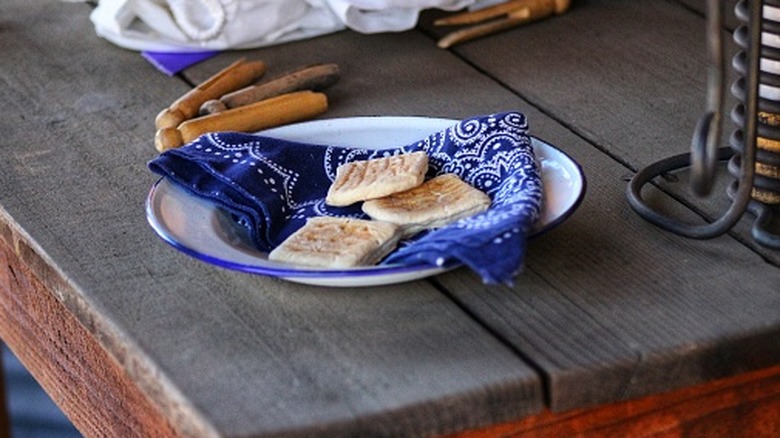 Several pieces of hardtack on a bandana lying in a plate. The plate sits on a rustic wood table.