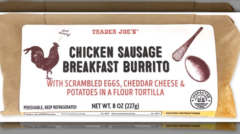 Trader Joe's Chicken Sausage Breakfast Burrito. on a white background.