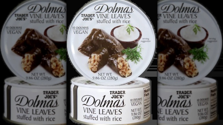 A product image of Trader Joe's Dolmas on a black background.