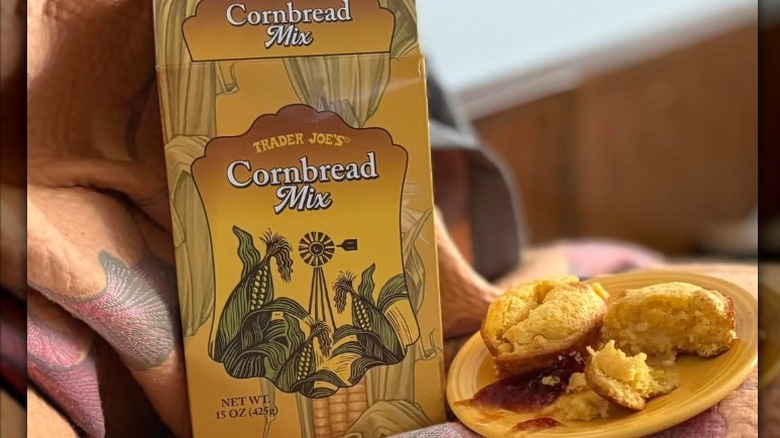 Trader Joe's Cornbread Mix box next to cornbread.