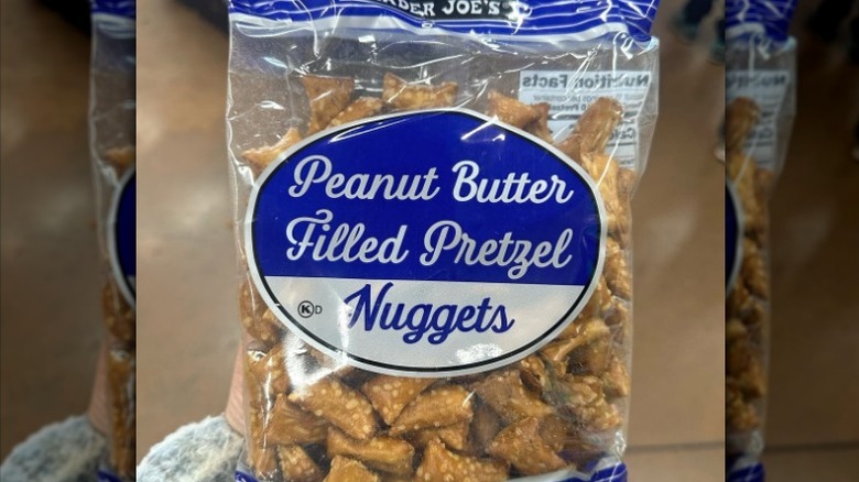 A bag of Trader Joe's Peanut Butter Filled Pretzel Nuggets.