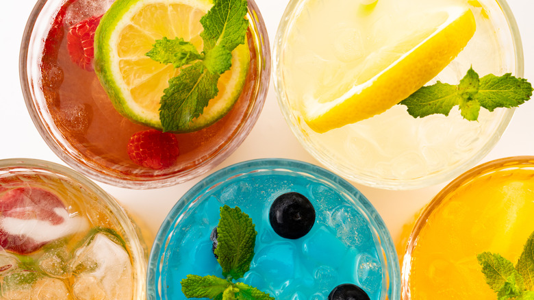top view of variety of colorful beverages