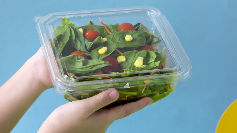 hands holding plastic container of salad