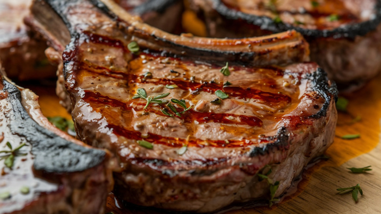 A juicy, bone-in pork chop.
