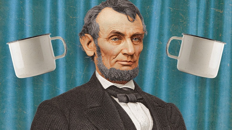 Illustration of Abraham Lincoln with two enameled mugs
