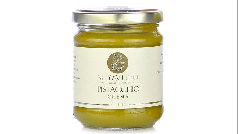 jar of Scyavuru Crunchy Pistachio Spread, also called pistachio cream by some, from Eataly