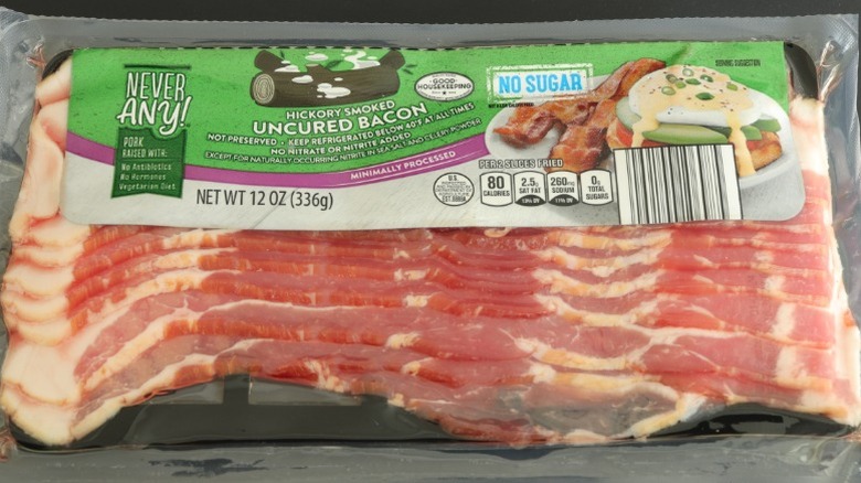 Package of Never Any! Hickory Smoked No Sugar Added Uncured Bacon from Aldi.