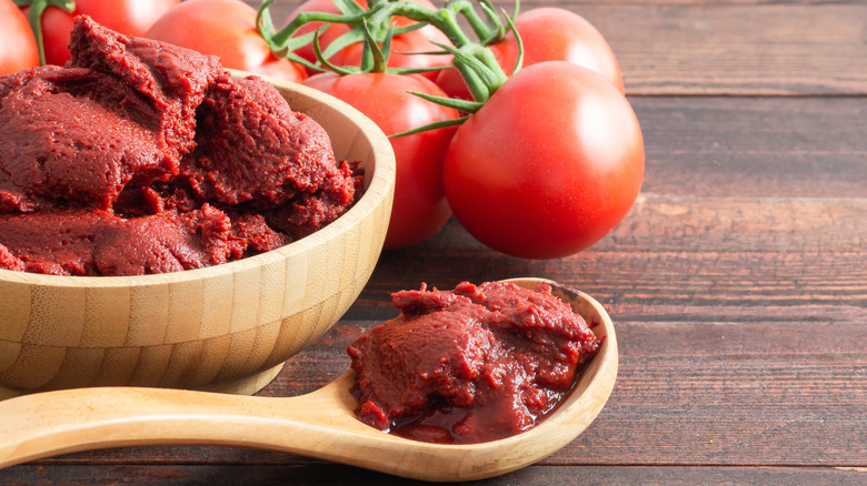 Bowl and spoon of tomato paste alongside fresh tomatoes