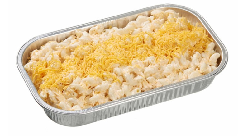 Costco's premade mac and cheese in aluminum baking pan ready to bake
