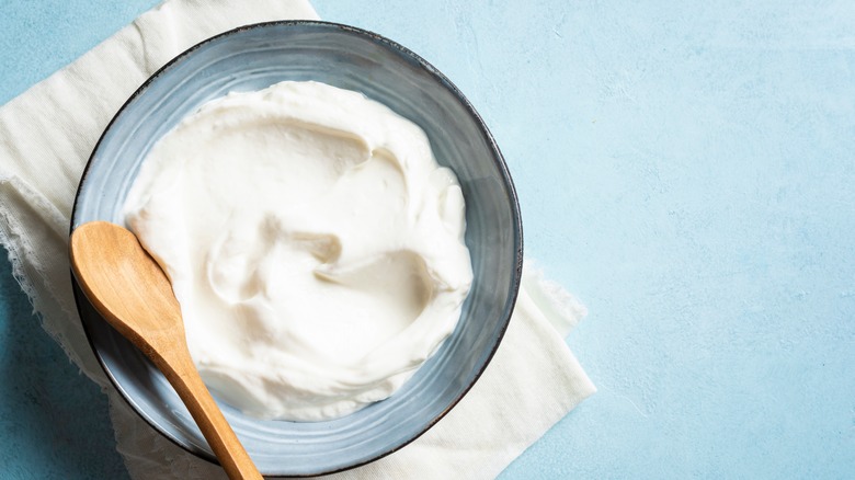 Homemade Greek Yogurt in a bowl with a wooden spoon