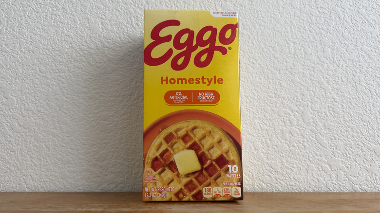 Eggo box standing upright on a table
