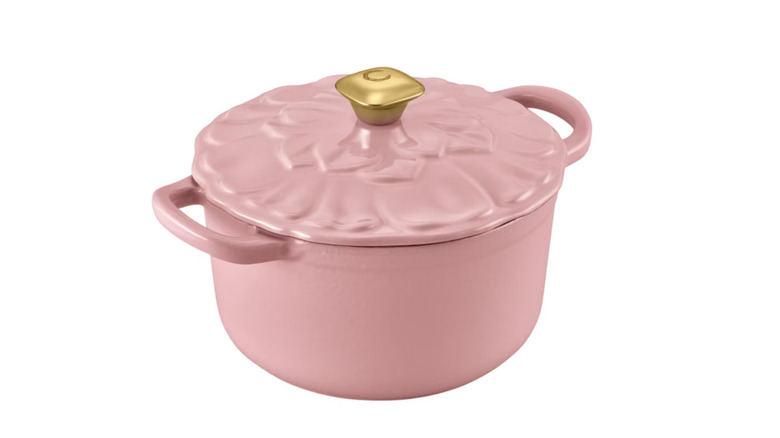The pink Crofton Floral 2 Quart Cast Iron Dutch Oven from Aldi
