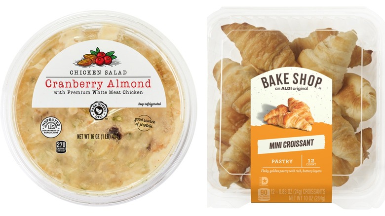 A tub of Park Street Deli cranberry almond chicken salad and package of Bake Shop mini croissants on a white background.