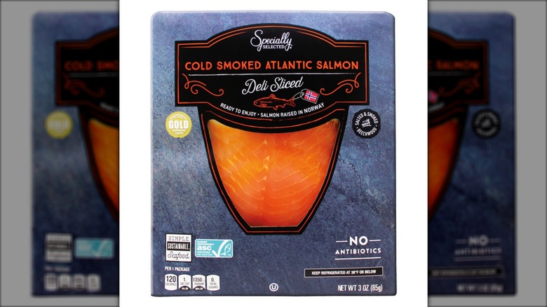 A package of Specially Selected smoked salmon on a white background.