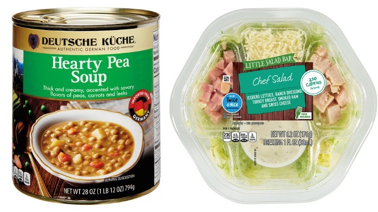 A can of Deutsche Küche Hearty Pea Soup and bowl of Little Salad Bar chef salad on a white background.