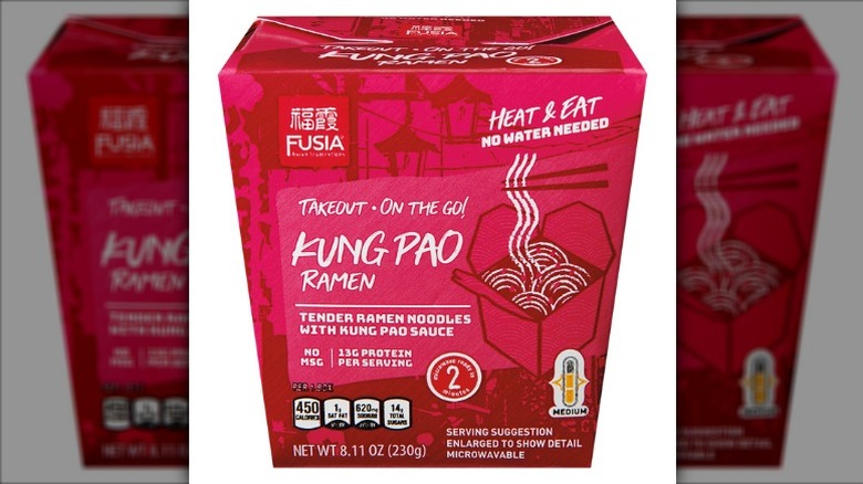 Fusia Asian Inspirations kung pao ramen takeout box on a white background.