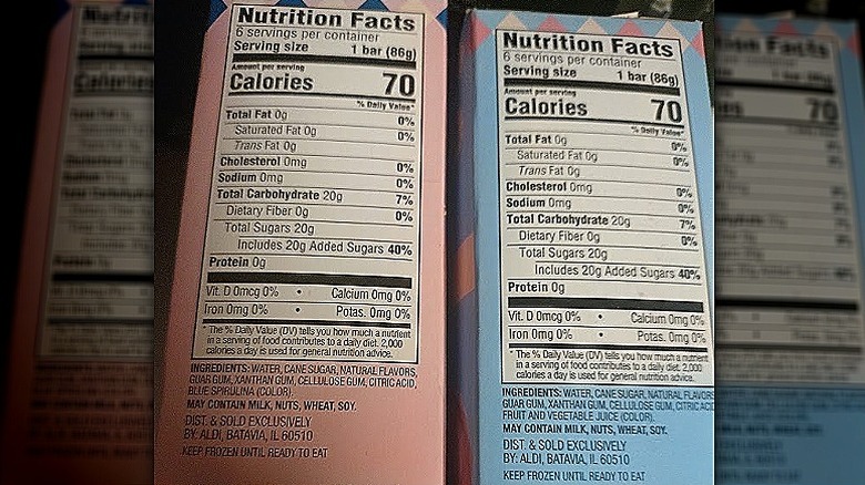 nutrition labels from Sundae Shoppe Cotton Candy and Bubble Gum Popsicle boxes
