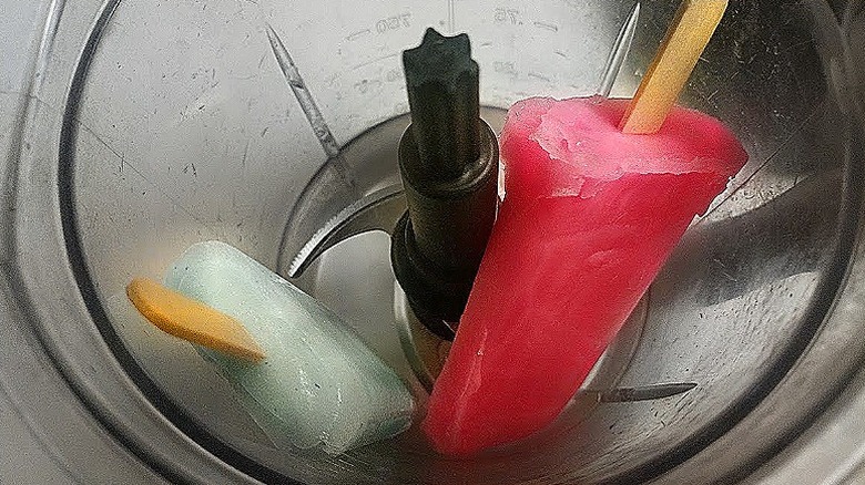 unwrapped Sundae Shoppe Cotton Candy and Bubble Gum Popsicles in a blender