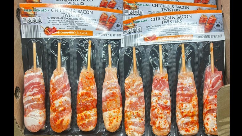 Packages of Aldi bacon wrapped chicken breast skewers