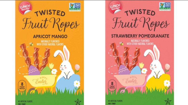 Boxes of Aldi Lunch buddies twisted fruit ropes in apricot mango and strawberry pomegranate