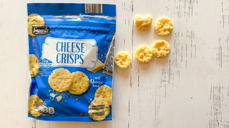 An open bag of Aldi Parmesan cheese crisps
