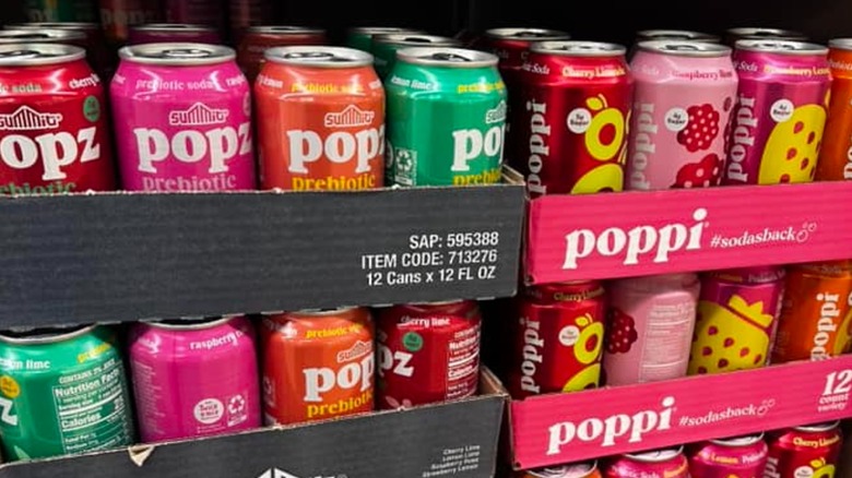 Aldi store shelves selling Popz and Poppi brand prebiotic sodas