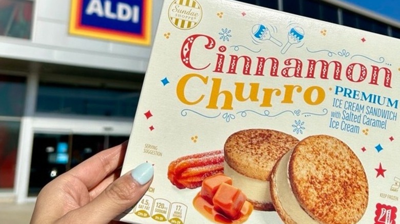 A hand holding a box of cinnamon churro ice cream sandwiches in front of an Aldi store