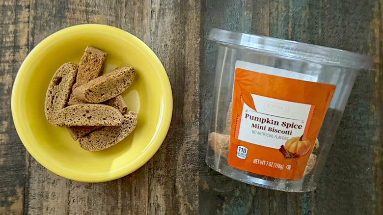 Benton's Pumpkin spice mini biscotti from Aldi in package next to bowl of biscotti