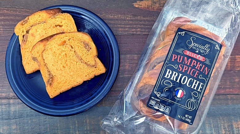 Specially Selected Pumpkin spice brioche from Aldi in packaging on table next to two slices of brioche