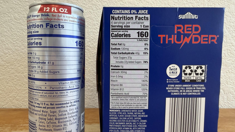 Red Bull can and Red Thunder box with nutritional facts visible