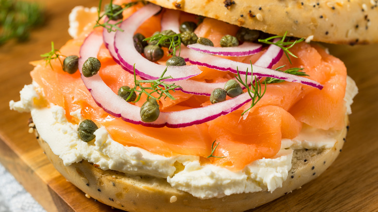 Bagel and lox with schmear, onions, and capers