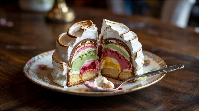 baked Alaska on a white plate cut open to show  pink and green ice cream layers