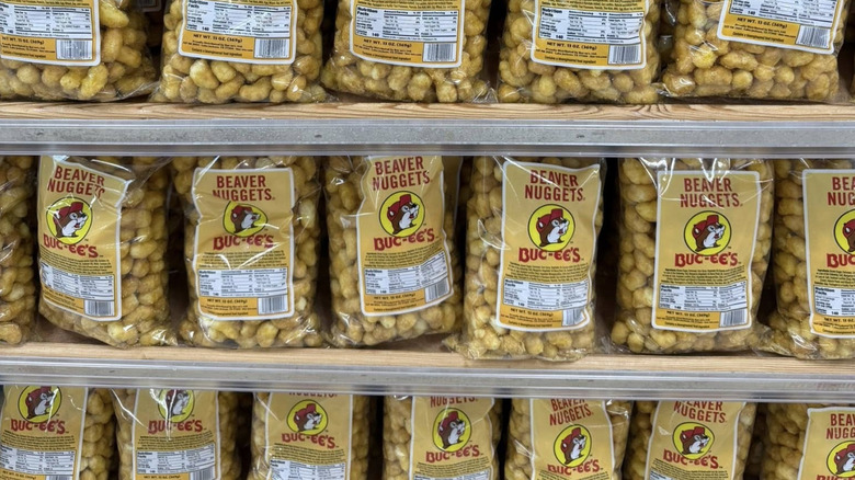 Beaver Nuggets sit on a shelf at a Buc-ee's