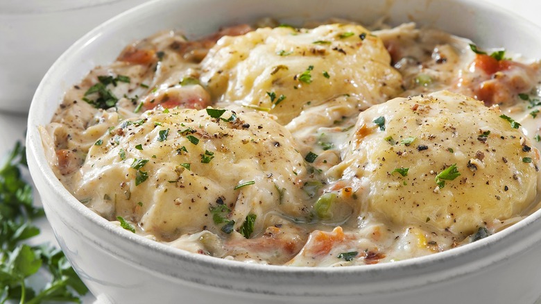 Close-up of chicken and dumplings topped with minced herbs and black pepper in a white bowl
