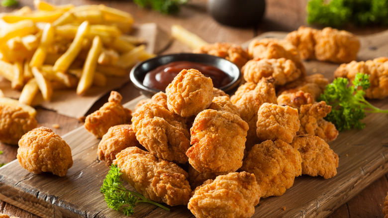 A plate of chicken nuggets with ketchup and fries.