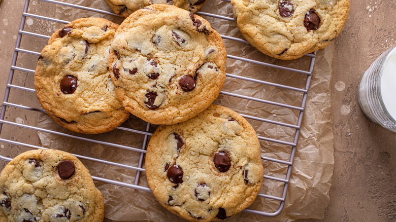 chocolate chip cookies on baking rack