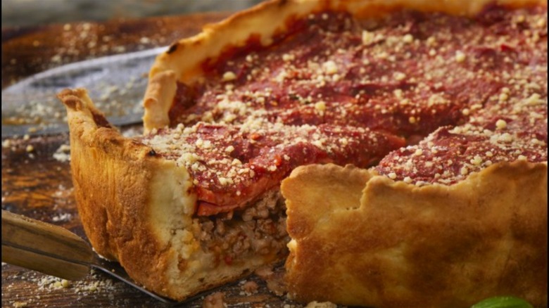 A slice of deep-dish pizza