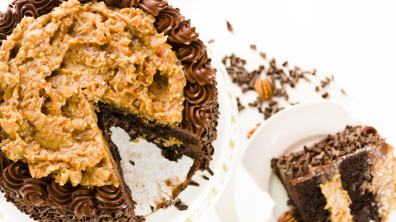 German chocolate cake with one slice removed