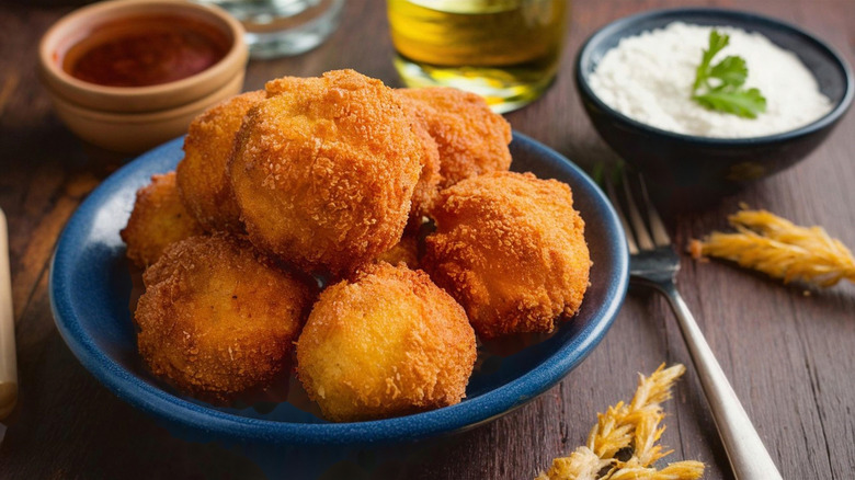 Hush puppies sit in a pile on a plate