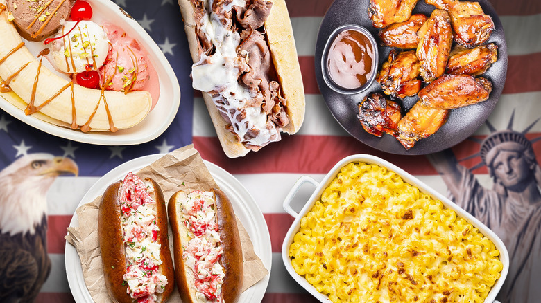 banana split, lobster rolls, wings, and macaroni and cheese with patriotic USA background