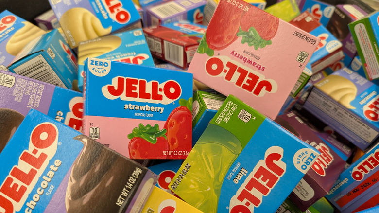 Boxes of various Jell-O flavors stacked on top of each other.