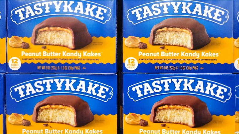 Four front-facing boxes of TastyKake's peanut butter Kandy Kakes