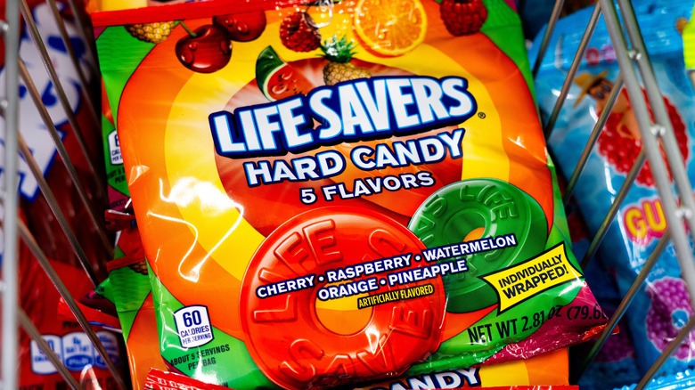 life savers candies package in grocery cart closeup