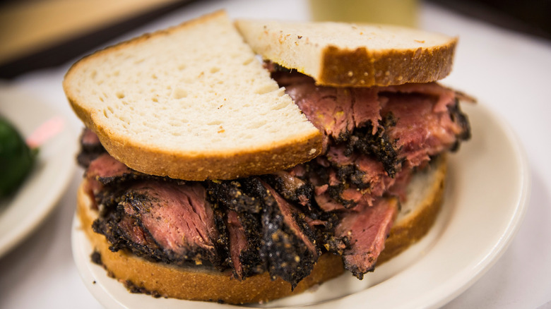 Katz's pastrami sandwich on a white plate